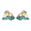 Gold Tone Blue Green Mountain And Cloud Pattern Stud Earrings view 5