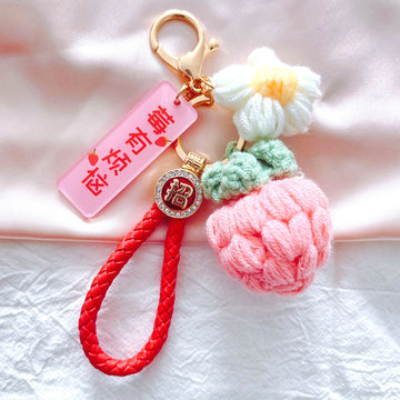 Crocheted Fruit and Vegetable Keychains with Message Tags and Bells