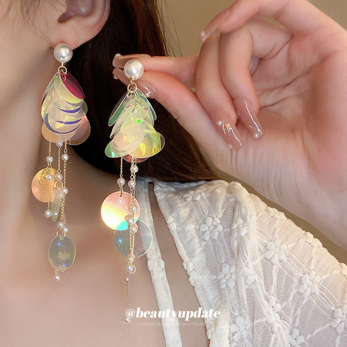 Long Iridescent Sequin Drop Earrings with Pearl Beads and Chains