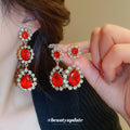 Red Teardrop Crystal Halo Short Drop Statement Earrings view 3
