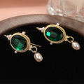 Gold Tone Green Oval Stone Earrings With Pearl Drops view 3