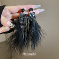 Black Rhinestone Chain Tassel Feather Clip Earrings view 2