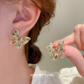 Multicolor Crystal Butterfly Stud Earrings with Polished Metal Accents view 2