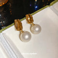 Gold Tone Rectangular Stud Earrings with White Pearls view 2