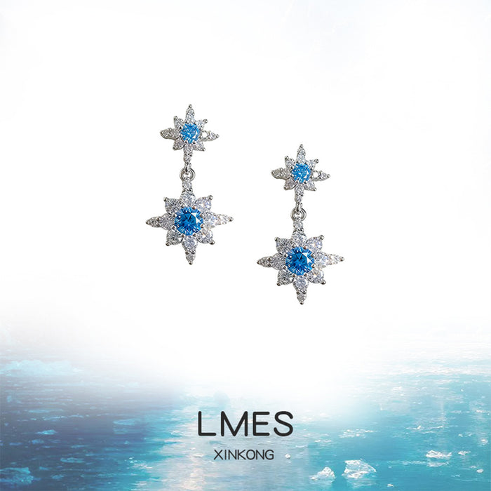 Silver Tone Blue And Clear Stone Double Star Drop Stud Earrings