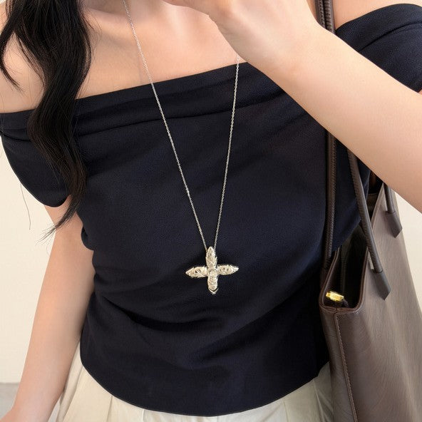 Silver Tone Four Point Starburst Pendant Long Necklace