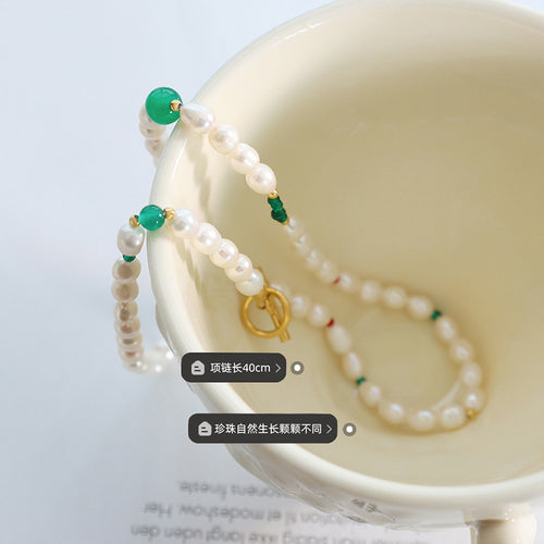 Pearl necklace green beads in cup length tags OT clasp