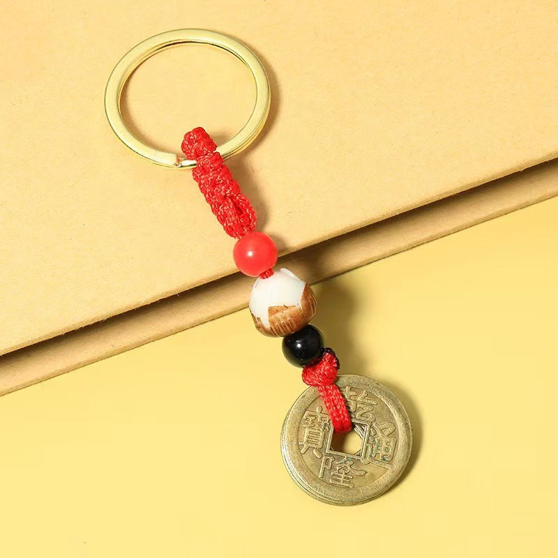 Lotus Bodhi Five Emperor Coins Alloy Keychain Red Cord Pendant