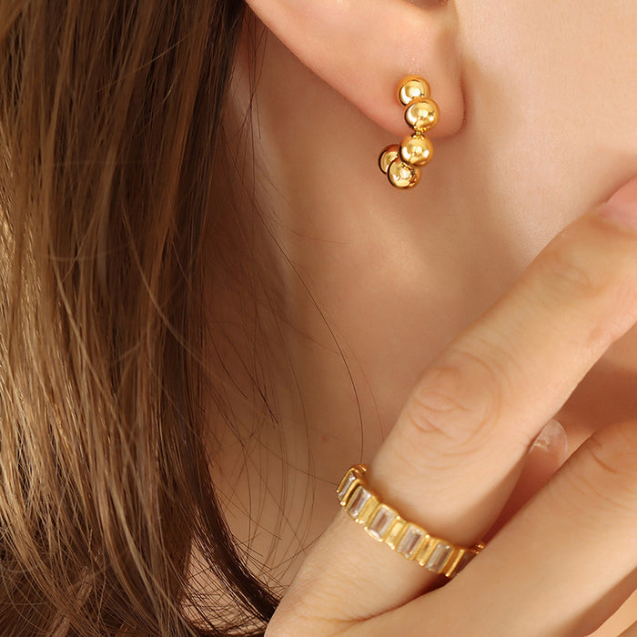 Beaded Ball C Shape Stud Hoop Earrings Gold And Steel Tone