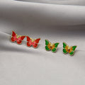 Gold Enamel Butterfly Stud Earrings Green Red Finish view 2