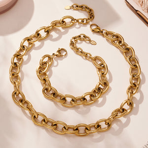 Chunky Oval Curb Chain Necklace Bracelet Gold Steel Two-Tone