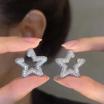 Silver Tone Black Edge Open Star Stud Earrings Jewelry