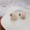 Cream Fur Pom Pom Stud Earrings with Red Heart Top Accents view 3