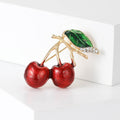 Red Double Cherry Enamel Brooch With Green Leaf and Crystals view 3