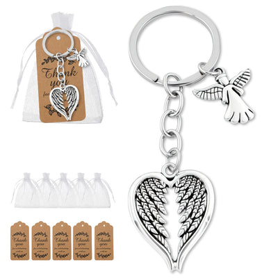 Silver heart wings angel keychain with organza bags and kraft tags