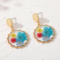 Gold Tone Scalloped Round Pressed Flower Drop Stud Earrings view 6