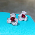 Red Square Stone Three-Petal Flower Stud Earrings In Silver Tone view 5