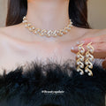 Gold Geometric Wave Pearl Necklace Drop Earrings Set view 2