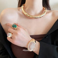 Gold Bamboo Collar Cuff Bracelet Oval Stone Rings Set Pieces view 2