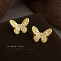 Gold Butterfly Stud Earrings Clear Baguette Crystal Accents view 3