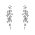 Silver Pearl Leaf Crystal Cascade Long Drop Earrings Pair view 5