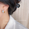 Gold White Enamel Tulip C Shape Hoop Stud Earrings view 2