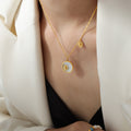 Gold Paperclip Chain Necklace Round Shell Flower Disc Pendant view 4