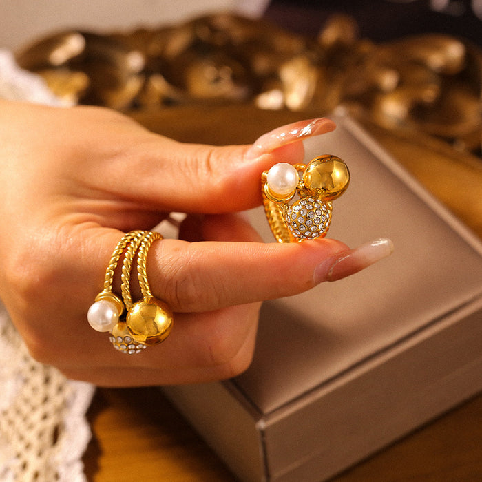Twisted Triple Band Ring Sphere Crystal Pearl Cluster Statement