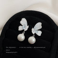 Silver Tone Clear Butterfly And White Pearl Drop Stud Earrings view 3