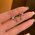 Silver Tone Four Point Star Stud Earrings With Tiny Drops view 4