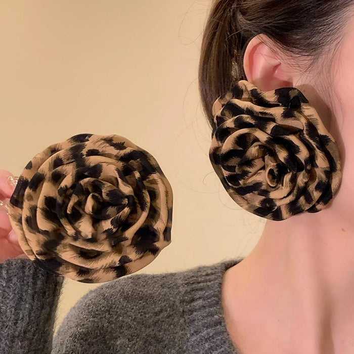 Oversized Brown Leopard Print Fabric Flower Stud Earrings