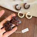Brown Wood Flower Cutout Hook Earrings Jewelry Accessory view 3