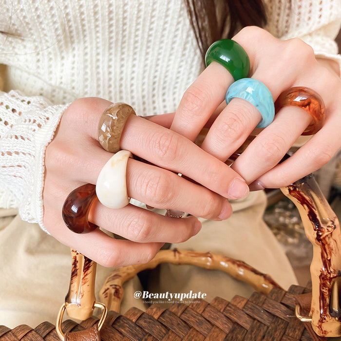 Resin Chunky Dome Ring Three-Piece Sets Brown Beige Blue Green