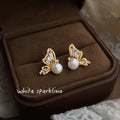 Gold Crystal Butterfly Wing Pearl Body Stud Earrings view 1