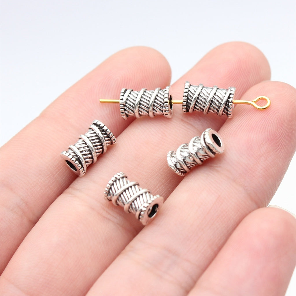 9.8x6x6mm 0.74g Antique Silver Zinc Alloy Ribbed Tube Small Hole Spacer Beads for DIY Bracelet Making