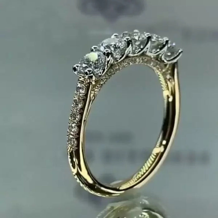 Gold Five Stone Clear Row Finger Ring Pave Shoulders