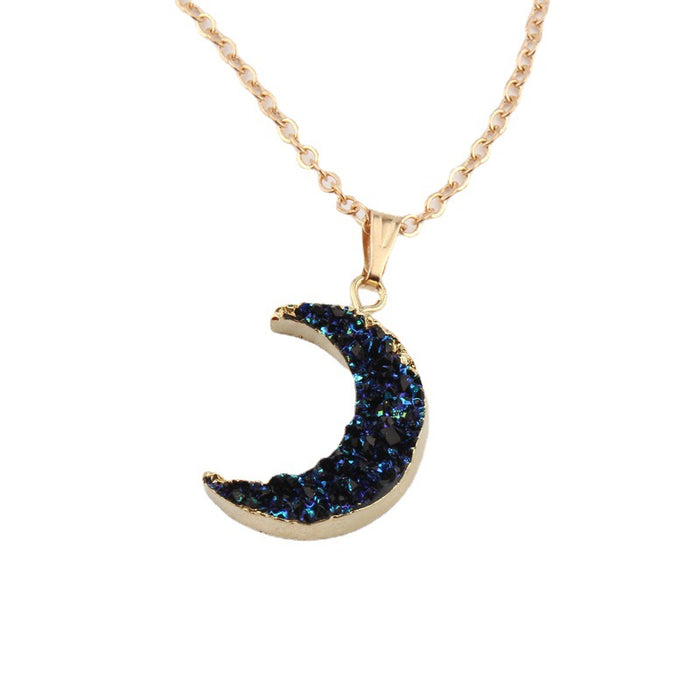 Gold Tone Iridescent Crescent Crystal Cluster Pendant Necklace