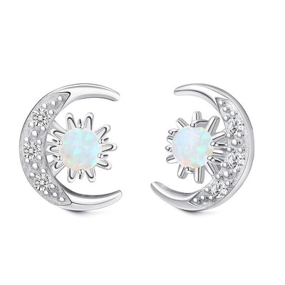 Silver crescent moon opal sunburst stud earrings on white