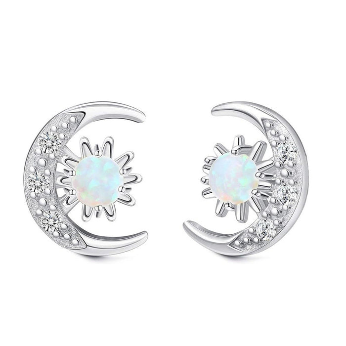 Crescent Moon Opal Sunburst Stud Earrings Silver Gold Tone