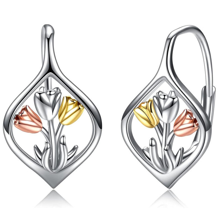 Silver-Tone Teardrop Leverback Earrings with Three-Tone Tulips