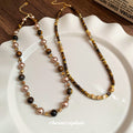 Tiger Eye Pearl Dual Strand Bead Necklace Gold Accents view 4