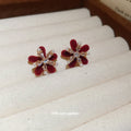 Red Velvet Flower Crystal Stud Earrings With Gold Centers view 2