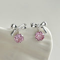 Silver Bow Stud Earrings With Pink Rose Crystal Drops view 1