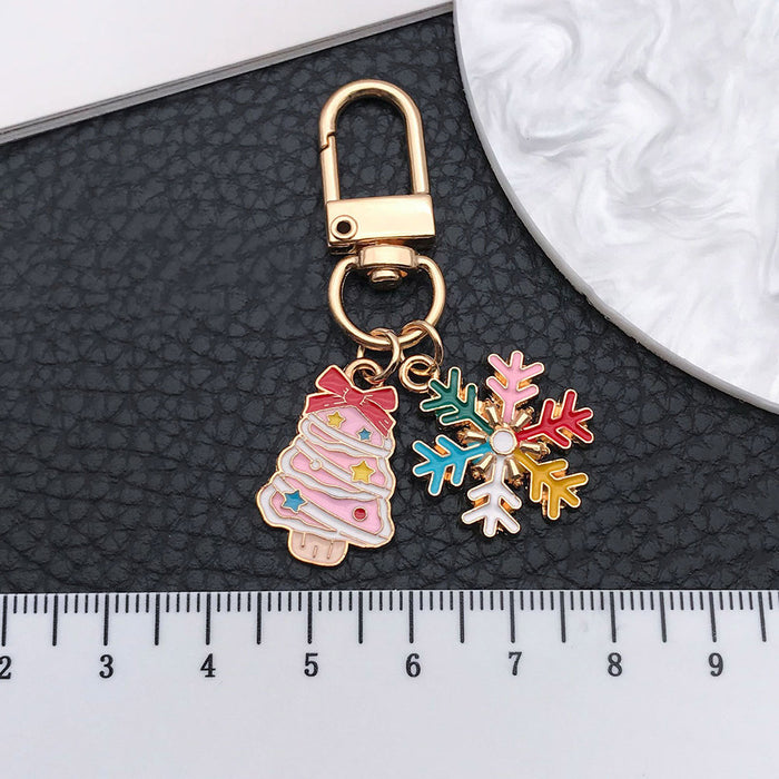 Pink Christmas Tree and Multicolor Snowflake Enamel Keychain