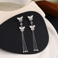 Silver Butterfly Crystal Long Tassel Drop Earrings Pair view 3