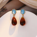Blue Rectangle and Amber Look Teardrop Dangle Stud Earrings view 2