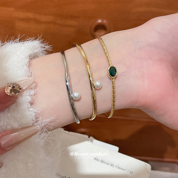 Pearl Green Stone Zircon Open Cuff Bracelets 4 Styles