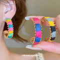 Rainbow Woven C Hoop Stud Earrings With Gold Tone Trim view 2
