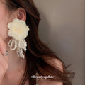Fabric Rose and Pearl Loop Statement Earrings in Two Colors view 4