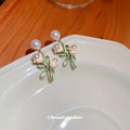 Gold Tone White Bell Flower Pearl Branch Drop Earrings view 4